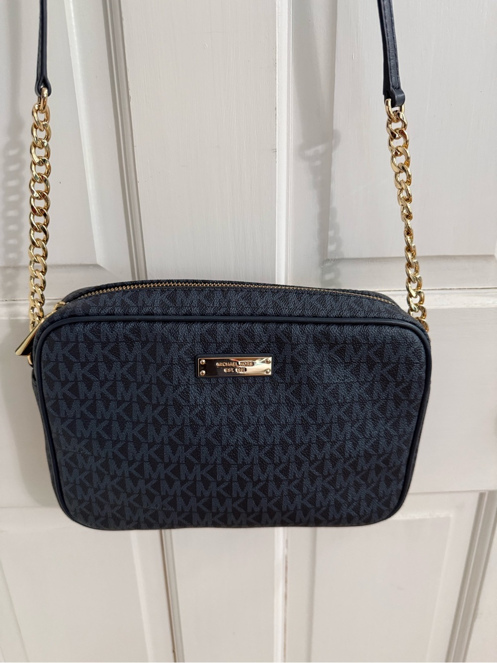 Michael Kors Navy and Black Signature MK Crossbody with Gold Chain